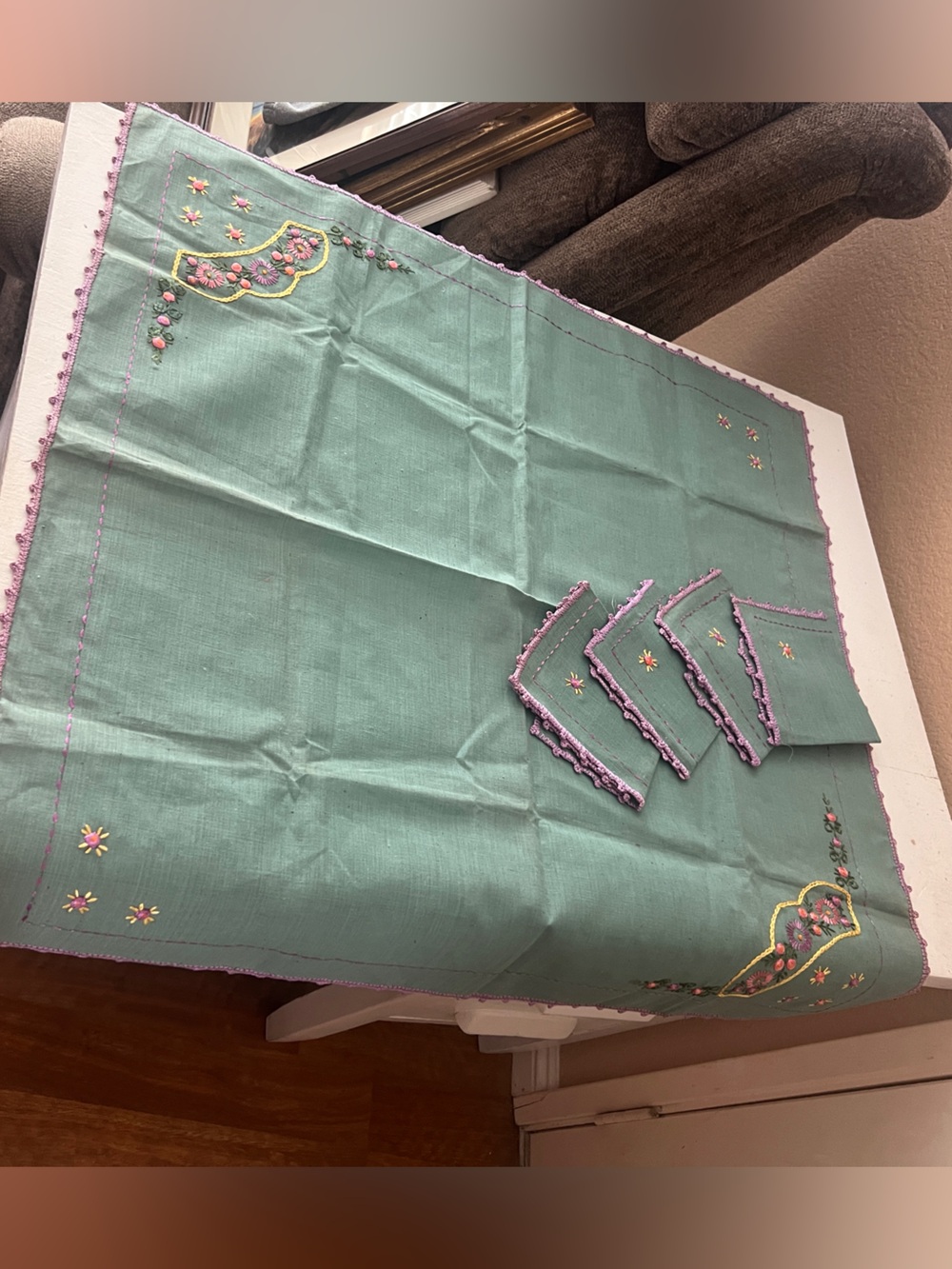 Vintage floral embroidered tea table cloth and napkins with purple crochet edges